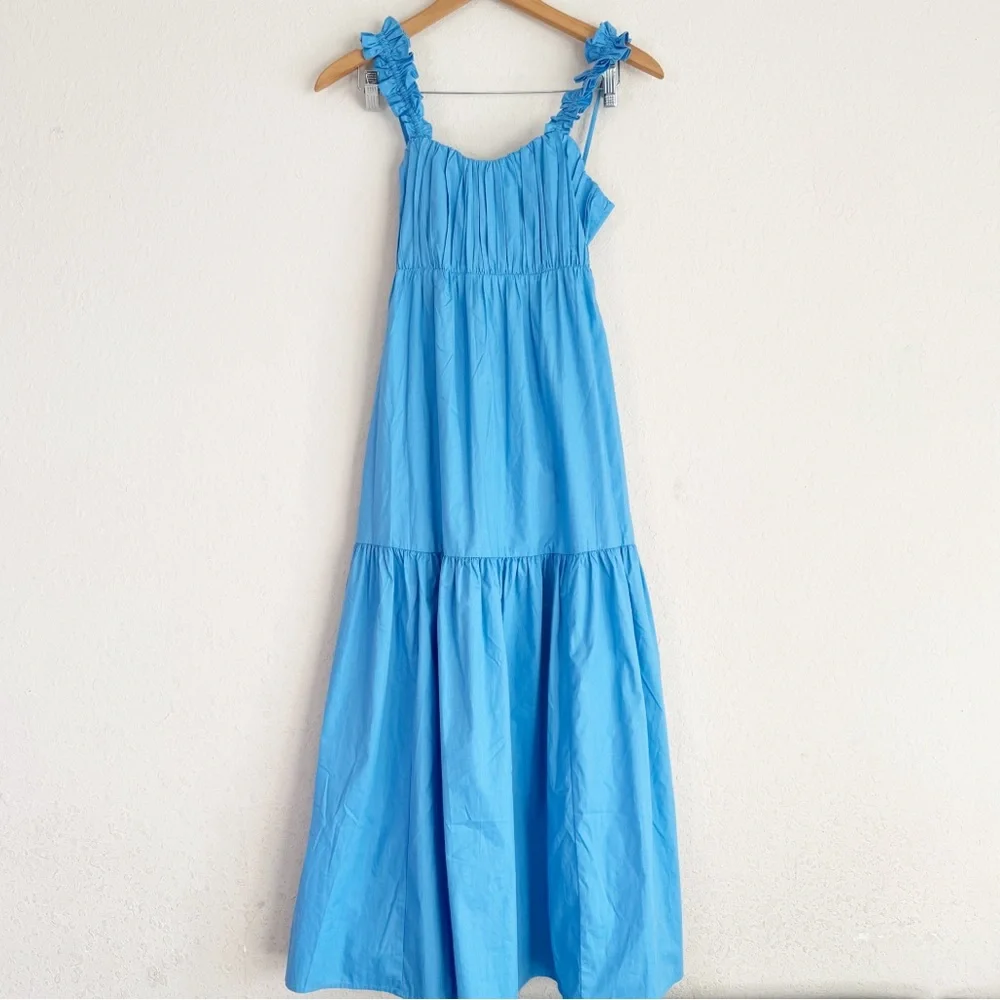 Abercrombie & Fitch Tiered Open Back Poplin Blue Coastal Maxi Dress Size XSP